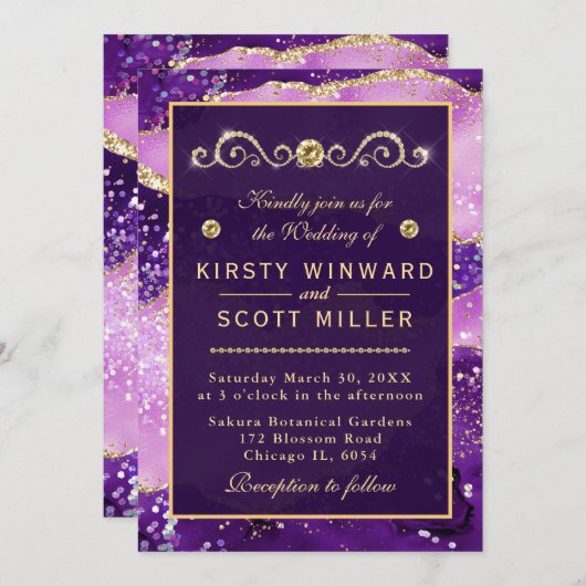Invitation Parties scintillant violet et or Marbre Agate Mari (Devant / Derrière)