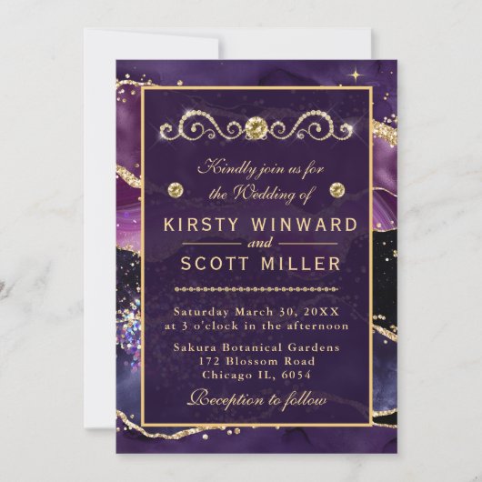 Invitation Parties scintillant violet et or Marbre Agate Mari (Devant)