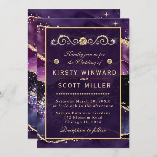 Invitation Parties scintillant violet et or Marbre Agate Mari (Devant / Derrière)