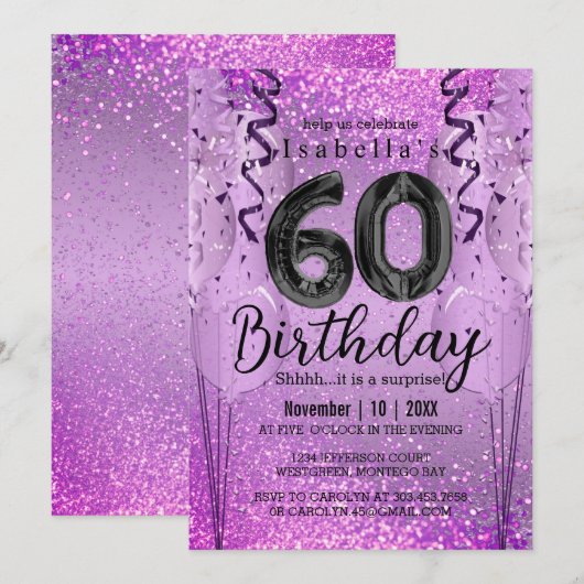 Invitation Parties scintillant violet et rose 60e anniversair (Devant / Derrière)