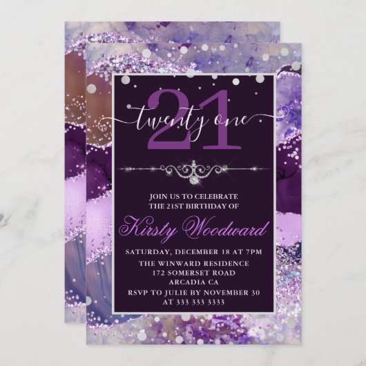 Invitation Parties scintillant violet et rose Agate Anniversa (Devant / Derrière)