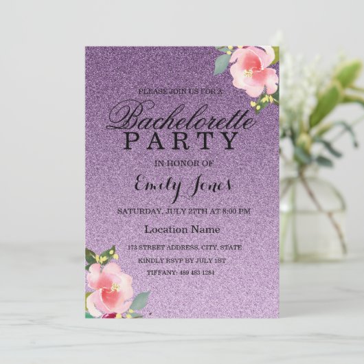 Invitation Parties scintillant violet Floral Bachelorette Inv (Debout devant)