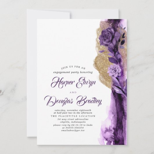 Invitation Parties scintillant violet foncé et or Fête d'enga (Devant)
