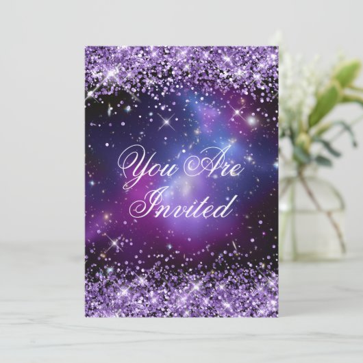 Invitation Parties scintillant violet Galaxy Planétarium Mari (Debout devant)