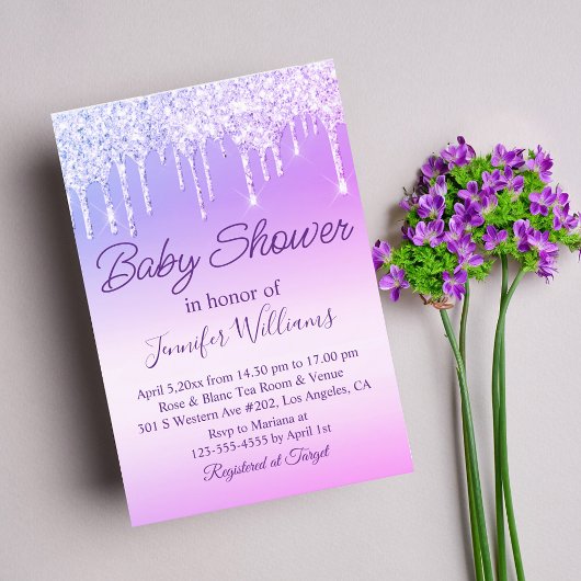 Invitation parties scintillant violet goutte à goutte baby sh