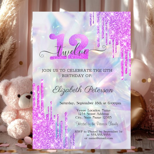 Invitation Parties scintillant violet gouttes Holographique 1