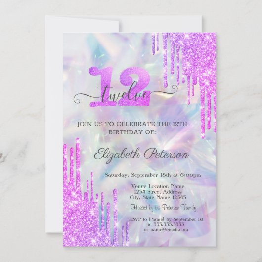 Invitation Parties scintillant violet gouttes Holographique 1 (Devant)