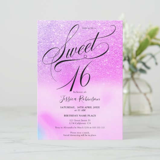 Invitation Parties scintillant violet holographique script ch (Debout devant)