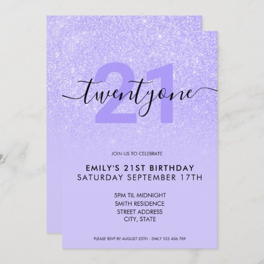 Invitation Parties scintillant violet moderne élégant 21e ann (Devant / Derrière)