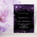 Invitation Parties scintillant violet noir<br><div class="desc">Une invitation à la fête d'anniversaire de 21e anniversaire, féminine et féminine (ou tout âge). Devant : Un arrière - plan noir chic. Décoré avec de la poussière de parties scintillant en faux violet foncé. Personnalisez et ajoutez un nom et des détails du parti. Le nom est écrit avec un...</div>