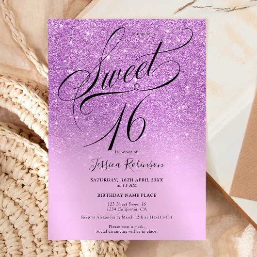 Invitation Parties scintillant violet ombre chic script Sweet