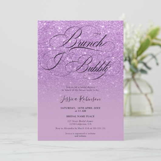 Invitation Parties scintillant violet ombre script nuptiale d (Debout devant)