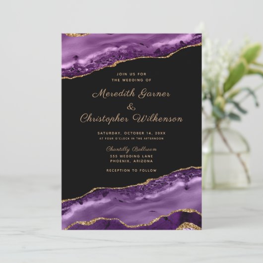 Invitation Parties scintillant violet or  marbre Mariage Agat (Debout devant)
