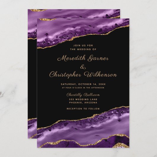 Invitation Parties scintillant violet or  marbre Mariage Agat (Devant / Derrière)