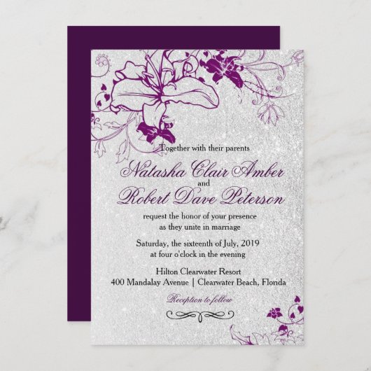 Invitation Parties scintillant violet profond Mariage floral (Devant / Derrière)