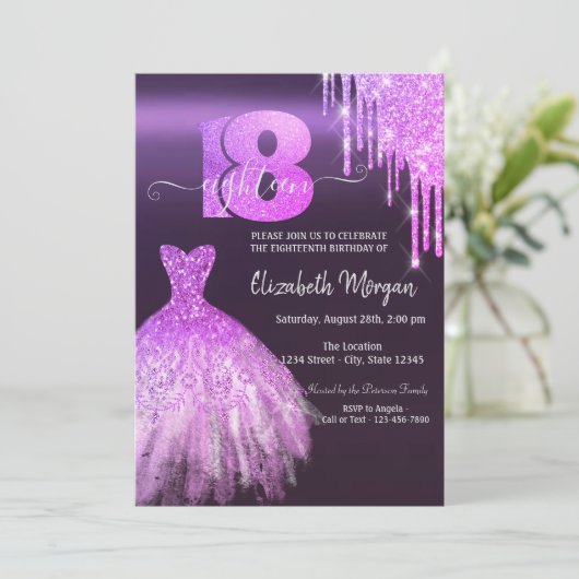 Invitation Parties scintillant violet  robe 18e fête d'annive (Debout devant)
