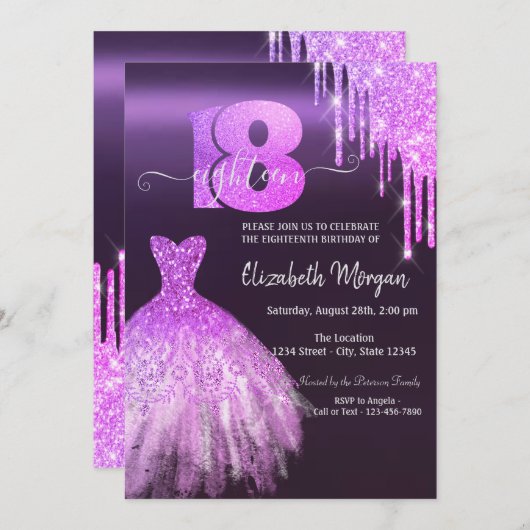 Invitation Parties scintillant violet  robe 18e fête d'annive (Devant / Derrière)