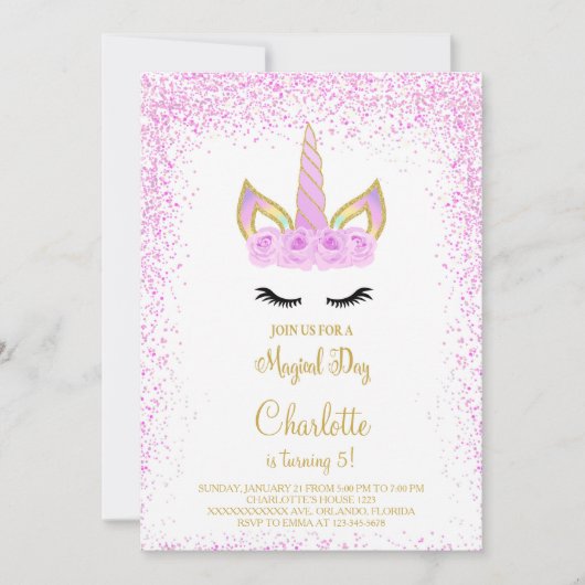 Invitation Parties scintillant violet Unicorn Anniversaire In (Devant)