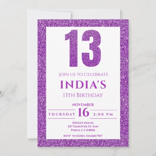 Invitation Parties scintillant violette 13e anniversaire Invi (Devant)