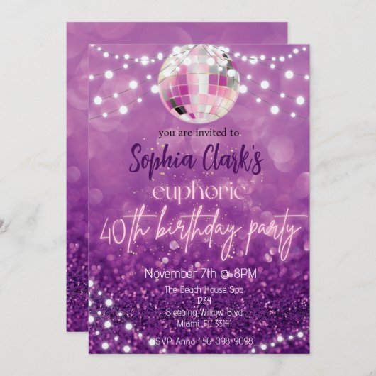 Invitation Parties scintillant violette 40e anniversaire Euph (Devant / Derrière)