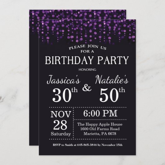 Invitation Parties scintillant violette de la fête d'annivers (Devant / Derrière)