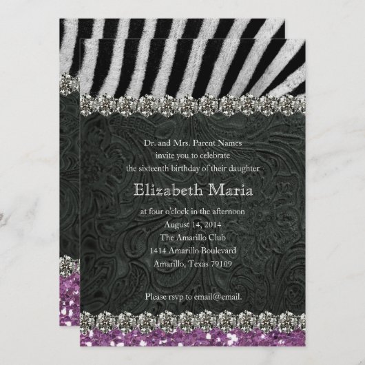 Invitation Parties scintillant violette Ecouter l'Sweet sixte (Devant / Derrière)