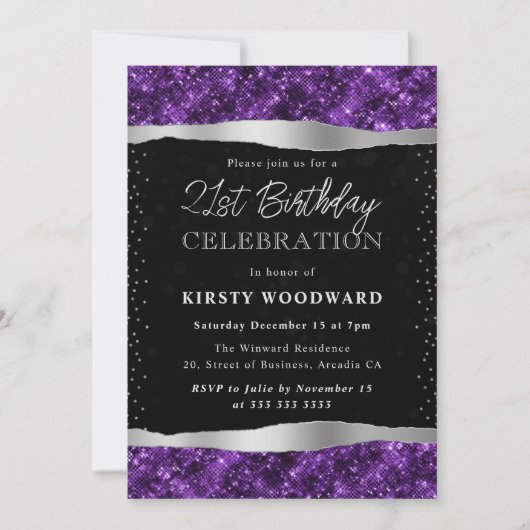 Invitation Parties scintillant violette et noire Shimmer 21e (Devant)