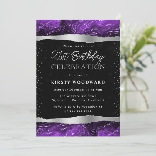Invitation Parties scintillant violette et noire Shimmer 21e (Debout devant)