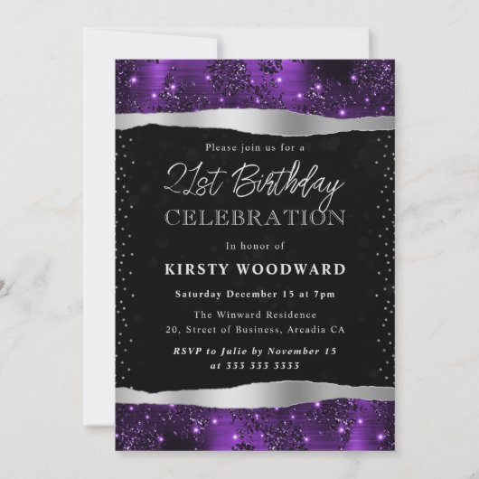 Invitation Parties scintillant violette et noire Shimmer 21e  (Devant)