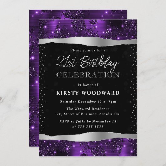 Invitation Parties scintillant violette et noire Shimmer 21e (Devant / Derrière)