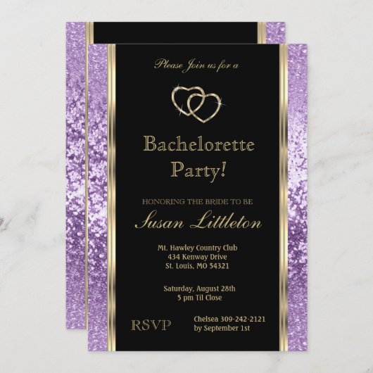 Invitation Parties scintillant violette Lavande Bachelorette (Devant / Derrière)
