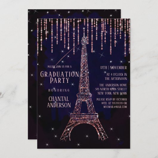 Invitation Parties scintillant violette Paris Tour Eiffel (Devant / Derrière)