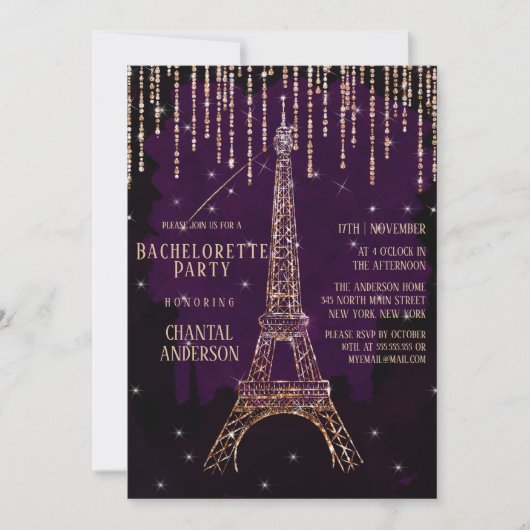Invitation Parties scintillant violette Paris Tour Eiffel Bac (Devant)