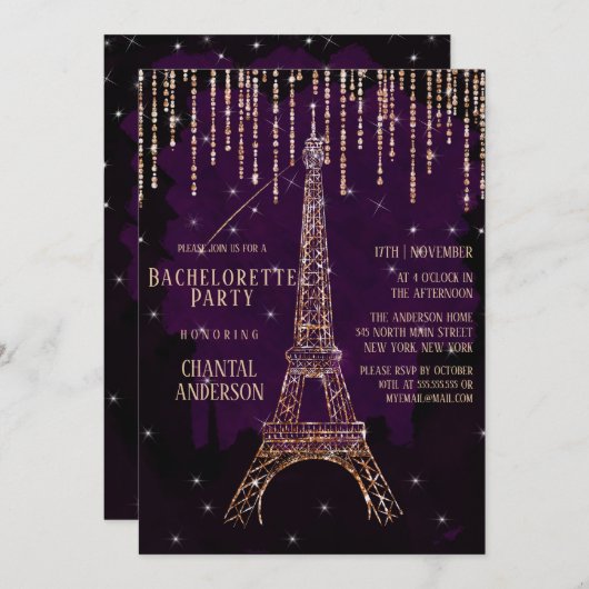 Invitation Parties scintillant violette Paris Tour Eiffel Bac (Devant / Derrière)