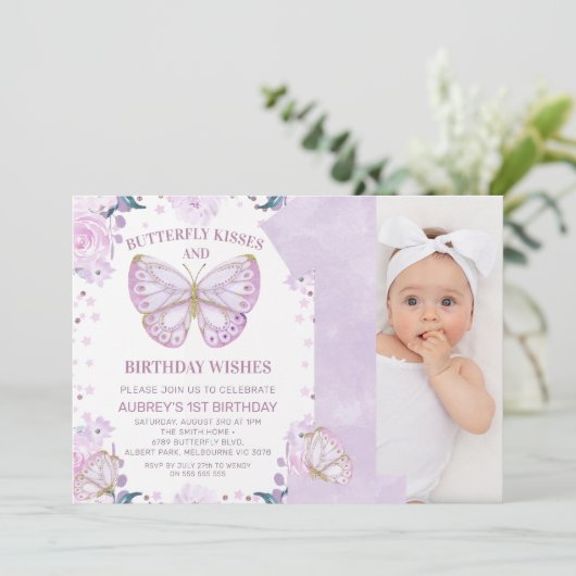 Invitation Parties scintillant violette Photo Papillon Baiser (Debout devant)