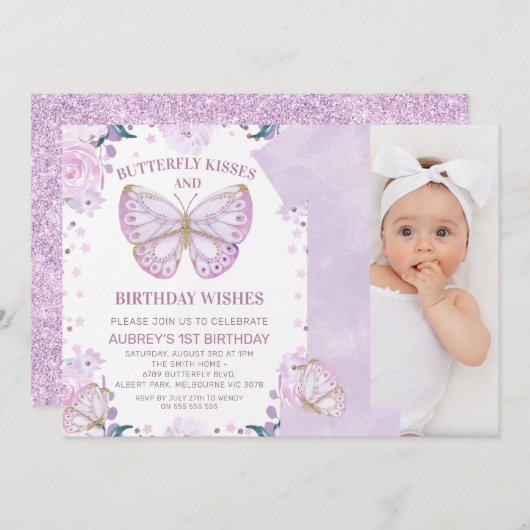 Invitation Parties scintillant violette Photo Papillon Baiser (Devant / Derrière)