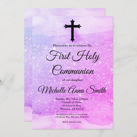 Invitation Parties scintillant violette rose Première Premièr (Devant / Derrière)