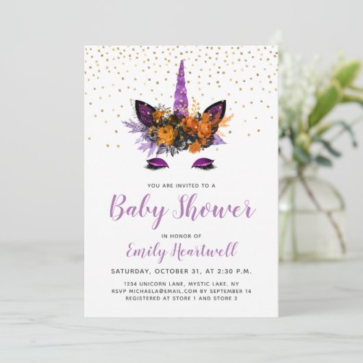 Invitation Parties scintillant violette Unicorn Baby shower f (Debout devant)