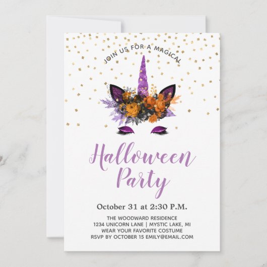Invitation Parties scintillant violette Unicorn Halloween Par (Devant)