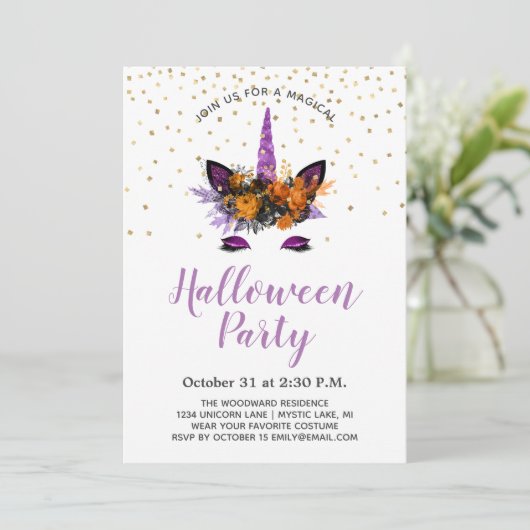 Invitation Parties scintillant violette Unicorn Halloween Par (Debout devant)