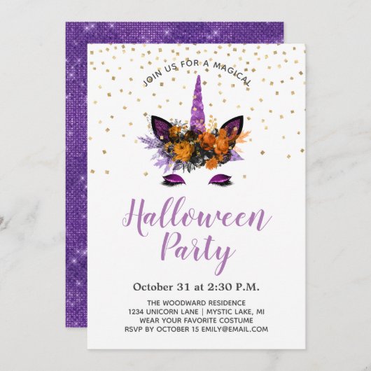 Invitation Parties scintillant violette Unicorn Halloween Par (Devant / Derrière)