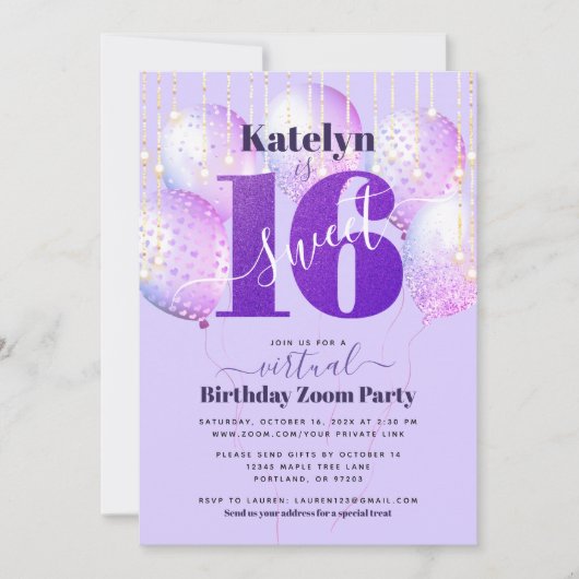 Invitation Parties scintillant violette virtuelle Douce 16 ba (Devant)