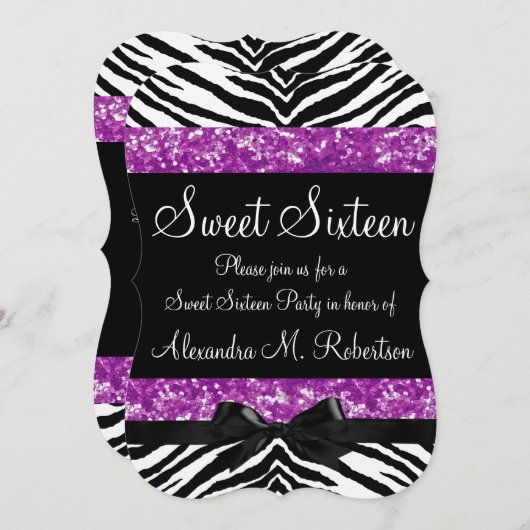 Invitation Parties scintillant violette Zebra Bow Sweet sixte (Devant / Derrière)
