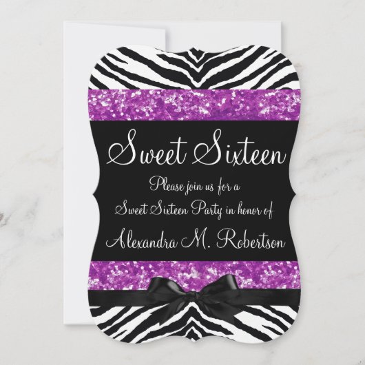Invitation Parties scintillant violette Zebra Bow Sweet sixte (Devant)