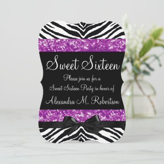 Invitation Parties scintillant violette Zebra Bow Sweet sixte (Debout devant)