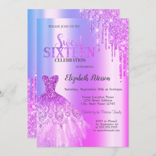 Invitation Parties scintillant violettes, Robe Violet Sweet 1 (Devant / Derrière)