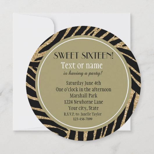 Invitation Parties scintillant Zebra noir or Sweet sixteen d' (Dos)