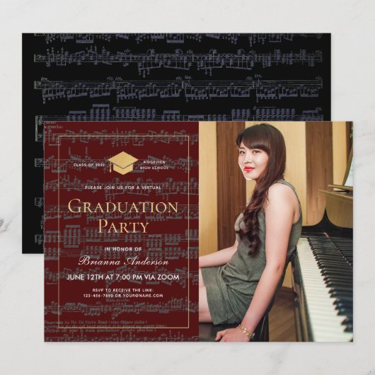 Invitation Partition Musique Bourgogne Photo Diplôme Virtuel (Devant / Derrière)