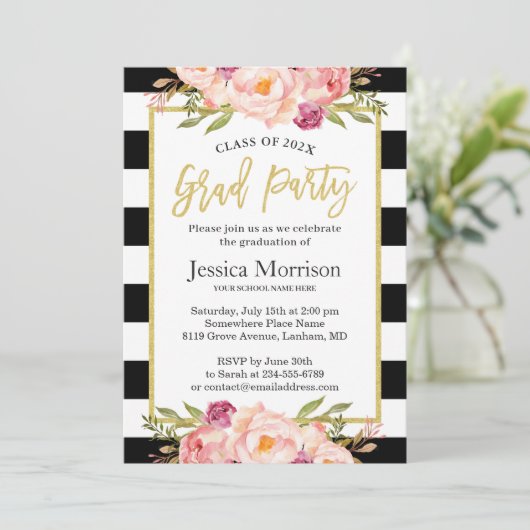 Invitation Partitions Modernes Floral Gold Script Graduation  (Debout devant)