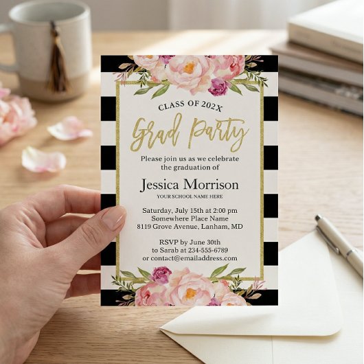 Invitation Partitions Modernes Floral Gold Script Graduation 